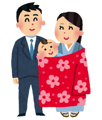 赤ちゃんを抱いてお宮参りをする家族のイラスト